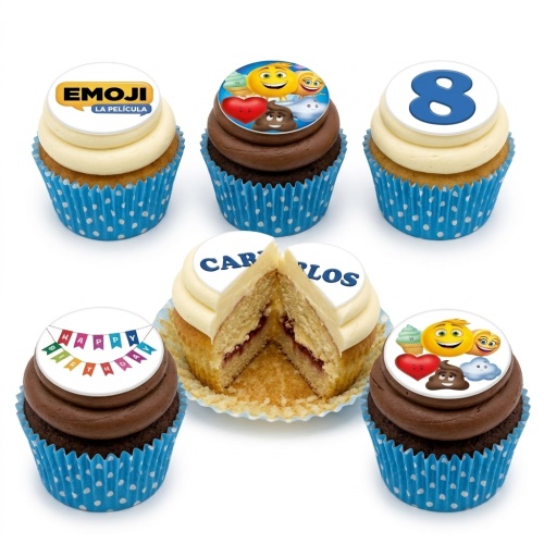 A selection of emoji themed birthday cupcakes with various toppers, including a custom age and a 'Happy Birthday' banner.
