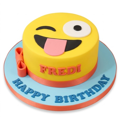 Round yellow cake with a winking emoji face, orange ribbon, and custom message board.