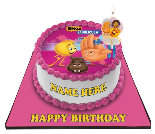 Round white and pink Emoji Movie birthday cake with character edible image and personalised message area.