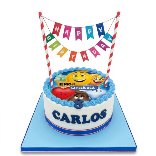 Round white emoji movie birthday cake with blue trim, custom age topper, and Happy Birthday banner