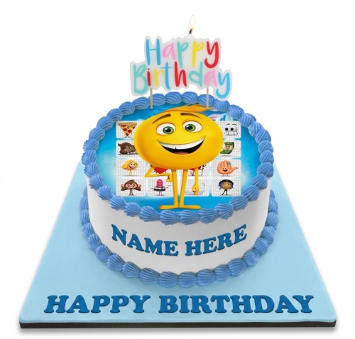 Round white and blue Emoji birthday cake with a large yellow emoji character and other emojis, topped with a 'Happy Birthday' candle.