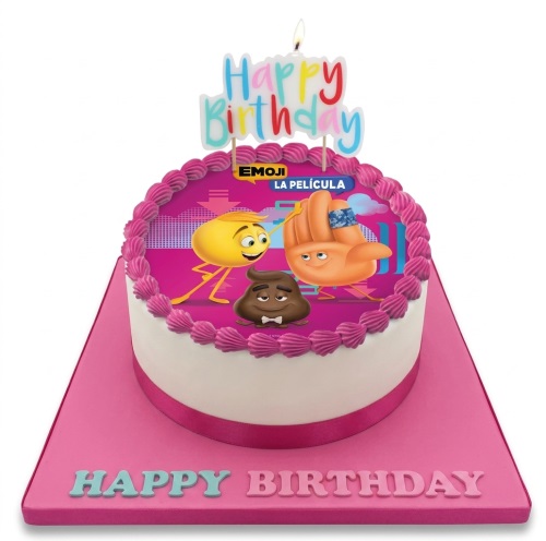 Round white and pink Emoji Movie birthday cake with edible character image and "Happy Birthday" candle topper.