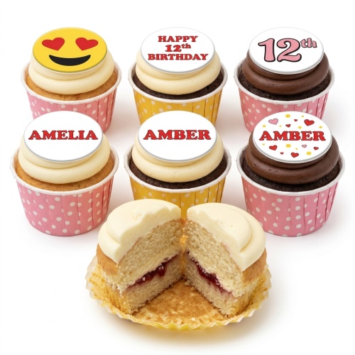 Variety of personalised birthday cupcakes with custom age, name, emoji, and heart toppers.