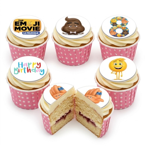 The Emoji Movie themed birthday cupcakes with various emoji toppers and 'Happy Birthday' message, in pink polka dot cases.
