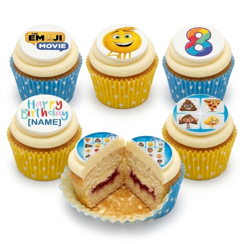 Six emoji themed birthday cupcakes with white frosting, colourful cases, custom age topper, and personalised message.