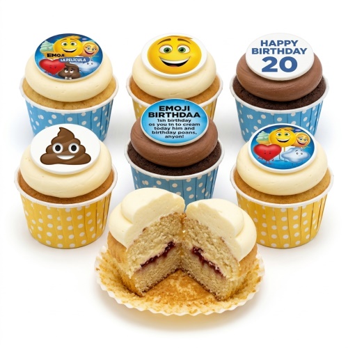 A selection of emoji themed birthday cupcakes with various emoji toppers and a custom age topper.