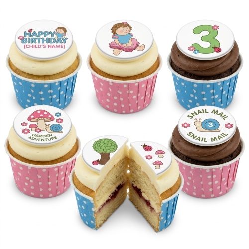 Selection of vanilla and chocolate cupcakes with garden adventure themed toppers including a cartoon girl, snail, ladybug, mushroom, and custom age number.