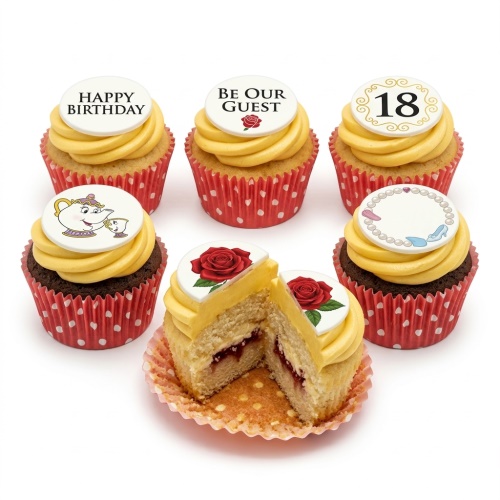 Six Beauty and the Beast themed cupcakes with yellow frosting, red polka dot wrappers, and various edible toppers including Mrs. Potts, a red rose, and a custom age.