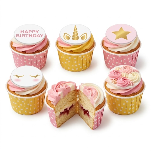 Pink and yellow unicorn, star, and 'Happy Birthday' themed cupcakes with piped frosting.