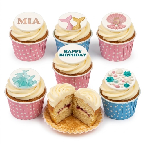 Mermaid themed cupcakes with mermaid tails, seashells, and ocean decorations, with custom age and name examples.