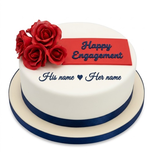 White engagement cake with red fondant roses, a "Happy Engagement" plaque, and personalised names.