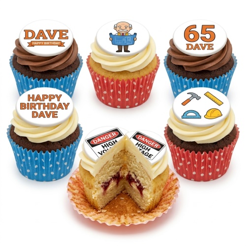 Cupcakes with engineer, tools, and danger high voltage toppers, in blue and red cases, for a custom age birthday.