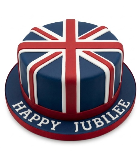 Round Union Jack cake with "Happy Jubilee" message on the cake board.