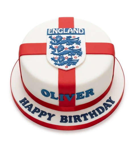 Round white birthday cake with red St. George's Cross and England football crest. Personalised with name and message.