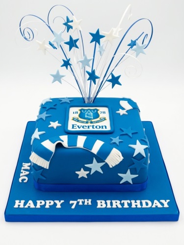 Blue square Everton Football Birthday Cake with club logo, scarf, and stars