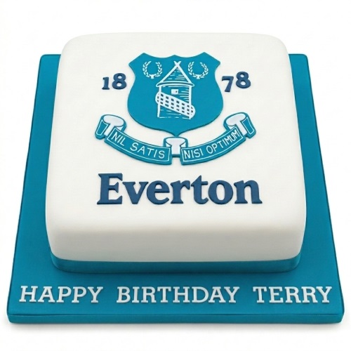 Square white cake with blue Everton Football Club logo and name, on a blue board.
