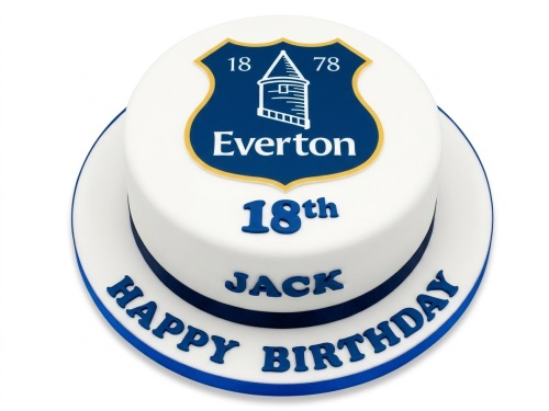 Round white single-tier birthday cake with blue Everton FC crest and custom 18th Happy Birthday message.