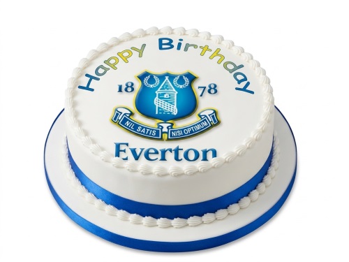 Round white birthday cake with Everton Football Club crest and 'Happy Birthday' message, decorated with blue ribbon.
