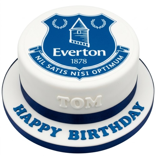 Round white birthday cake with blue Everton FC crest and blue ribbon, ready for customisation.