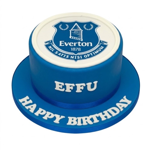 Round blue birthday cake with white Everton FC crest on top and 'Happy Birthday' message on the cake board.