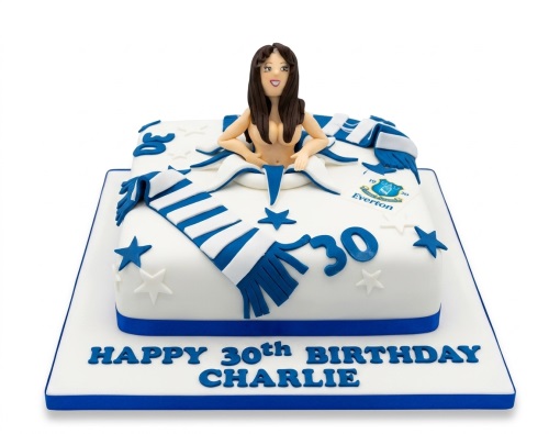 White and blue Everton football birthday cake with a female figure and custom age.