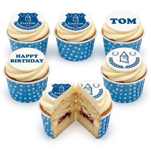Everton FC themed cupcakes with blue and white polka dot wrappers, featuring club crests and custom message toppers.