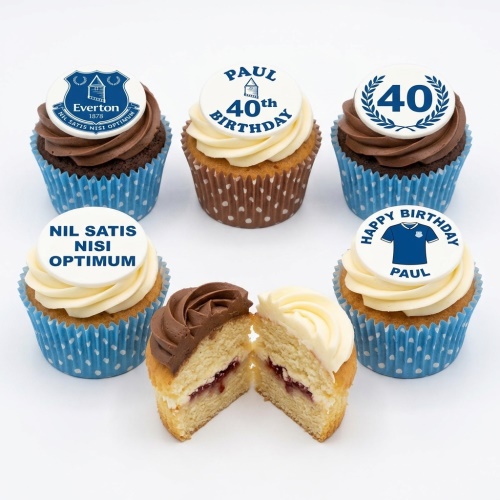 Everton Football themed cupcakes with club crest, motto, and custom age/name toppers.