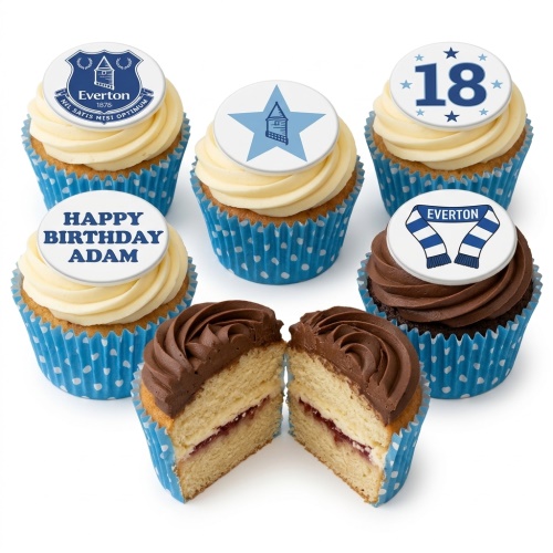 Everton football cupcakes with club crest, star, scarf, custom age, and personalised message toppers.