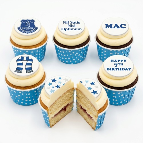 Everton football cupcakes with club crest, scarf, and custom birthday message.