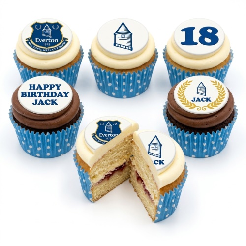 Everton football cupcakes with club crest, tower, custom age '18', and 'Happy Birthday Jack' message.
