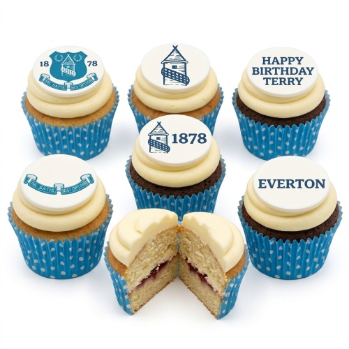 Everton football themed cupcakes with club crests, tower, and personalised birthday message.