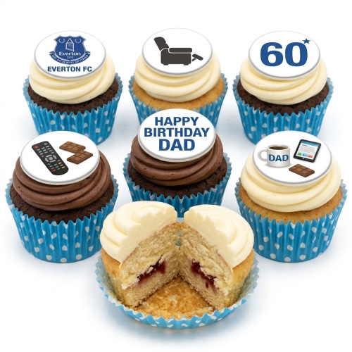 Everton FC themed birthday cupcakes with recliner, remote, chocolate, and custom age topper.