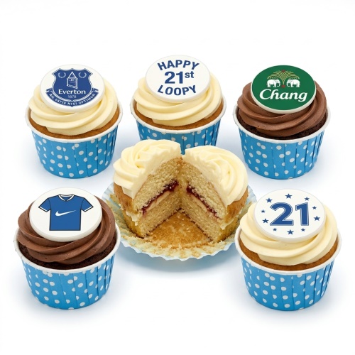 Everton football themed cupcakes with custom age toppers and blue polka dot cases.