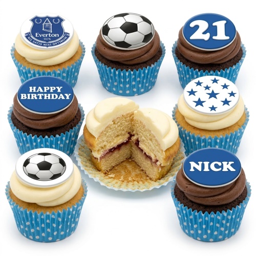 Everton football birthday cupcakes with club crest, footballs, stars, custom age and name toppers.