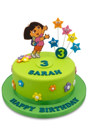 Bright green Dora the Explorer birthday cake with star toppers, colourful flowers, and custom age number.