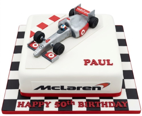 Square white F1 Racing Car Birthday Cake with a silver racing car and checkered flag base.