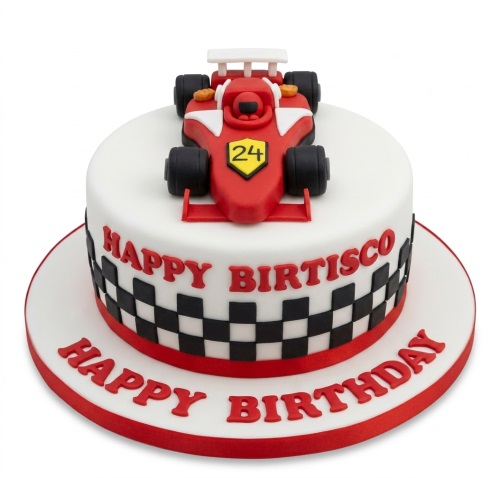 White round birthday cake with a red F1 racing car topper and black and white checkered flag design.