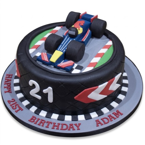 Round black fondant cake with a 3D Formula 1 racing car on a track, featuring a custom age.