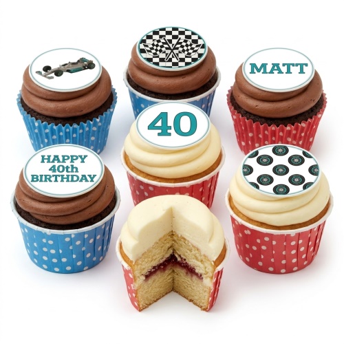 Cupcakes with racing car, checkered flag, and wheel toppers, with custom age and name examples.