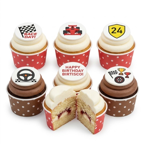 Set of racing themed cupcakes with F1 cars, chequered flags, steering wheel, trophies, and custom age topper.