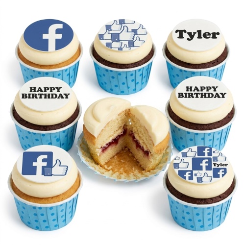 Cupcakes with blue Facebook logo and 'Like' button edible toppers, some with 'Happy Birthday' and a personalised name.