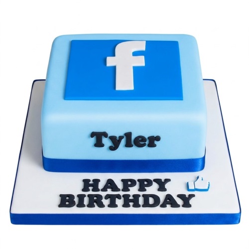 Square light blue cake with a royal blue Facebook 'f' logo and a personalised birthday message.