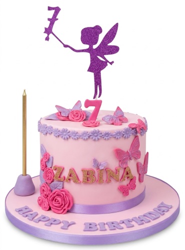 Pink fairy birthday cake for girls with purple butterflies, roses, and custom age topper.