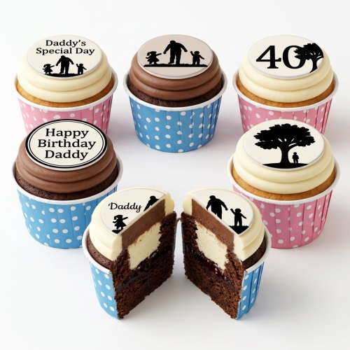 Birthday cupcakes with father and child silhouettes, tree design, and custom age topper in pink and blue cases.