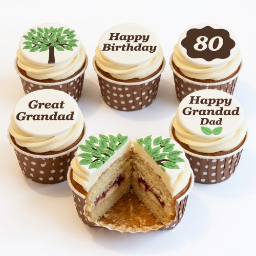 Cupcakes with white frosting and brown polka dot cases, featuring family tree, 'Happy Birthday', 'Great Grandad', 'Happy Grandad Dad', and custom age toppers.