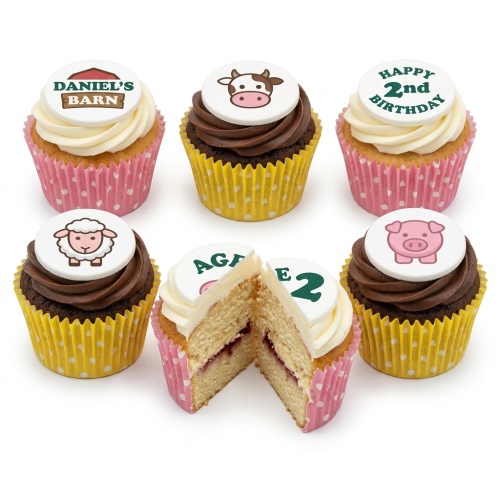 Assortment of farm animal themed cupcakes with edible toppers including a barn, cow, sheep, and pig, with example age and name messages.