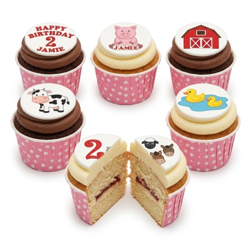 Six farm animal themed cupcakes with custom age topper and barn decorations.