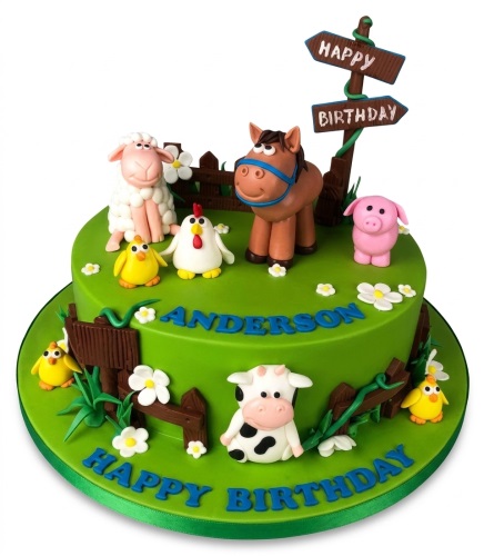 Two-tier green farm animal birthday cake with fondant sheep, horse, pig, cow, chicken, and chicks.