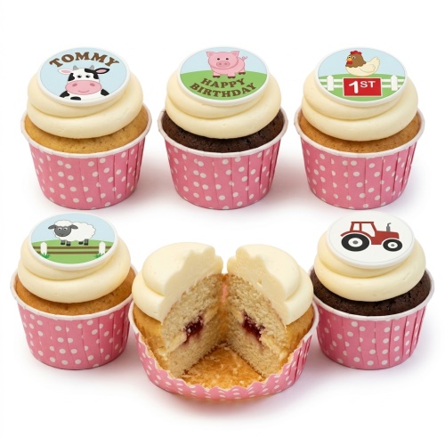 Farm animal themed cupcakes with cow, pig, chicken, sheep, and tractor toppers.