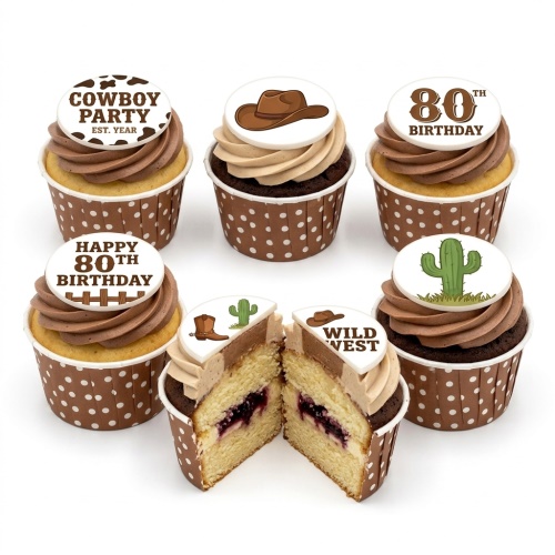 Cowboy theme cupcakes with hats, boots, cactus, cow print, and custom age toppers.